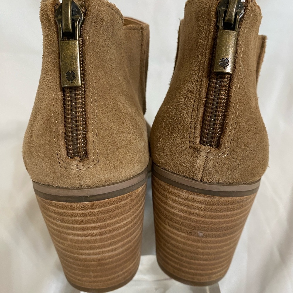 Lucky Brand Keight Tan Suede Peep-Toe Heeled Boots, Women’s Size 7 - Picture 5 of 9